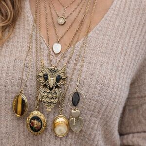 (6) various long necklaces, floral, owl, heart